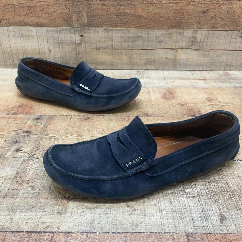 Prada Shoes Mens Size 8 41 Blue Suede Penny Loafer Casual Comfort Driving